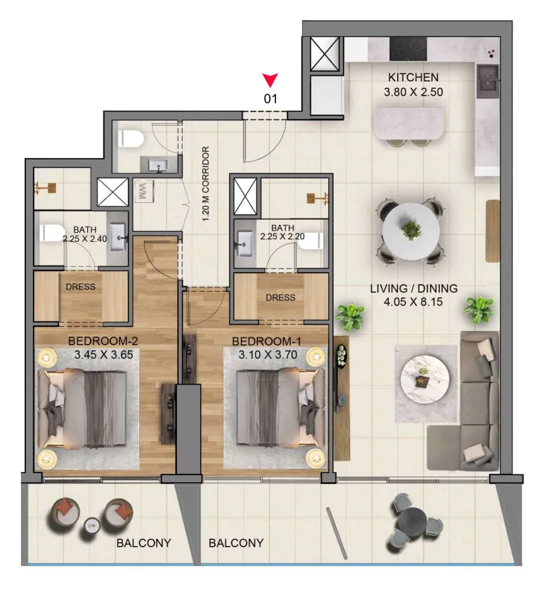 2 bedrooms floor plan