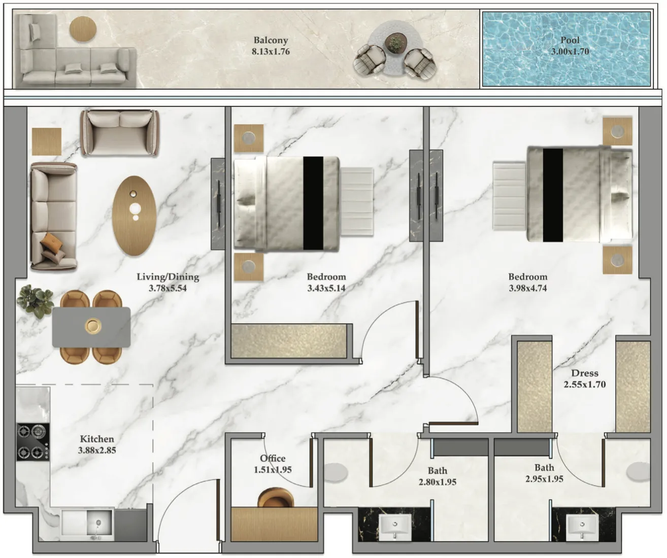 Danube Bayz 102 2BR floor plan