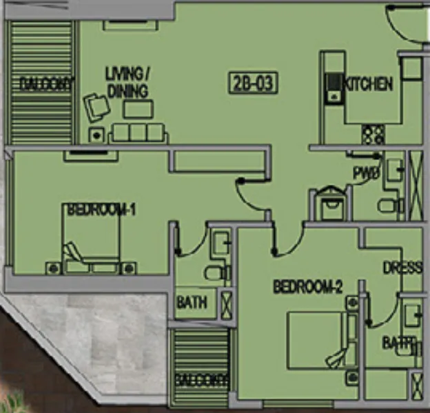 2 bedrooms floor plan