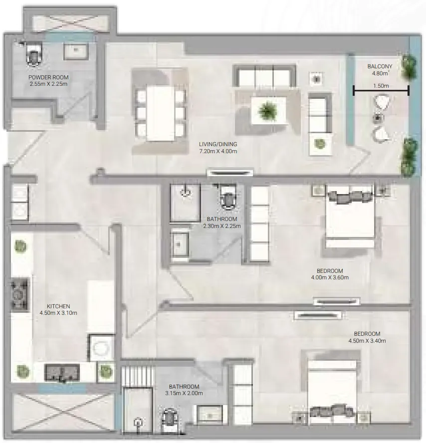 2 bedrooms floor plan