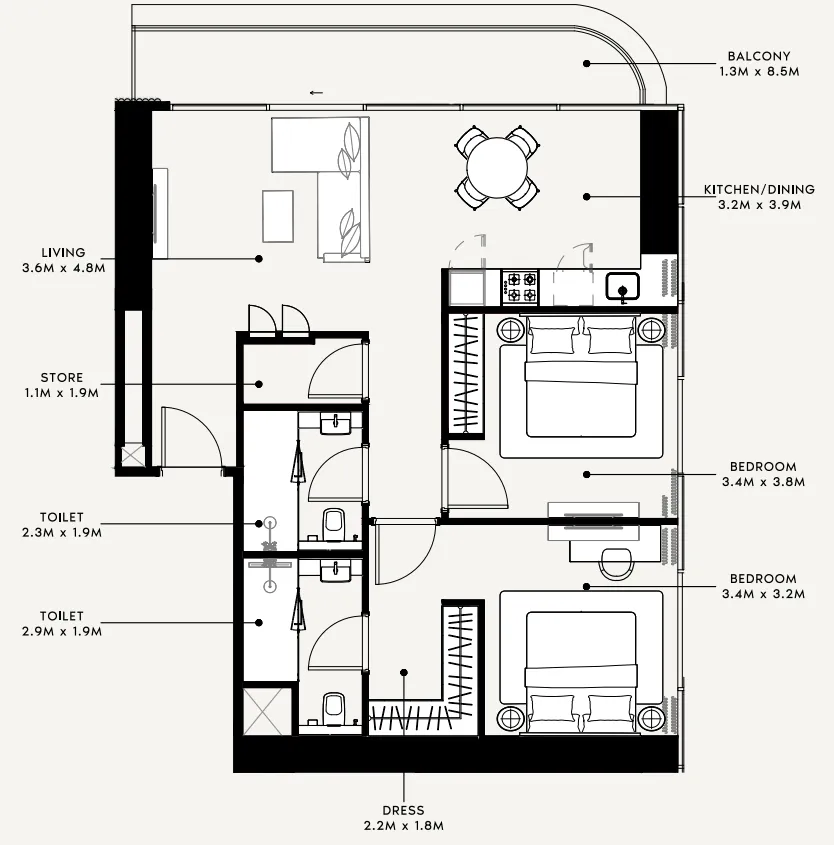 2 bedrooms floor plan