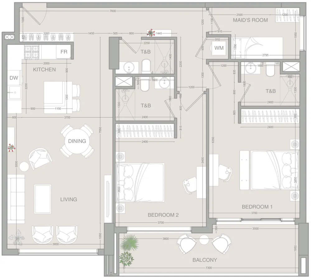 2 bedrooms floor plan