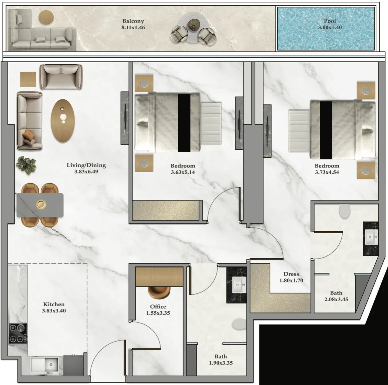 Danube Bayz 102 2BR floor plan