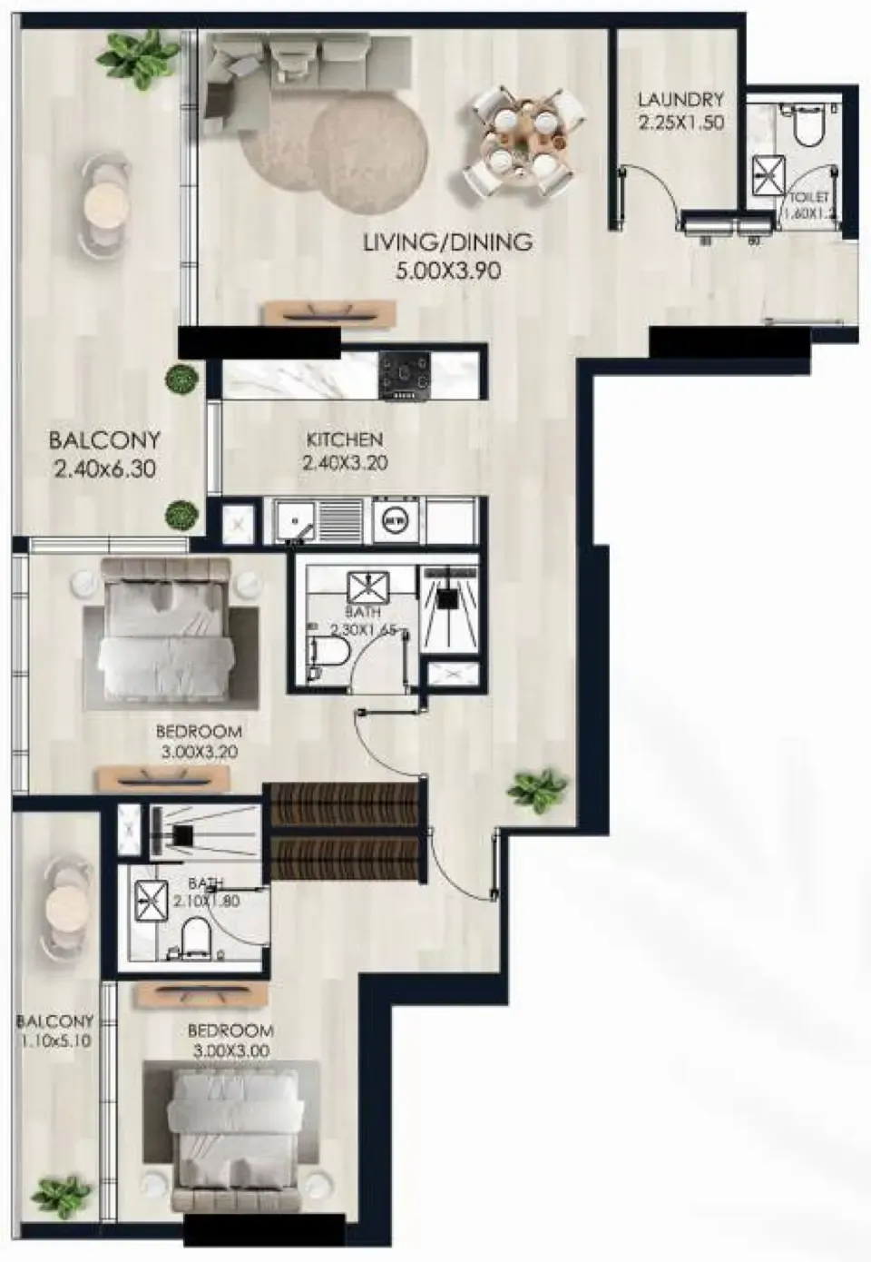 2 bedrooms floor plan