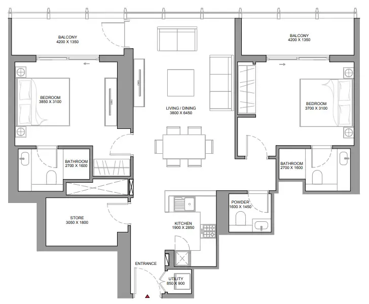 2 bedrooms floor plan
