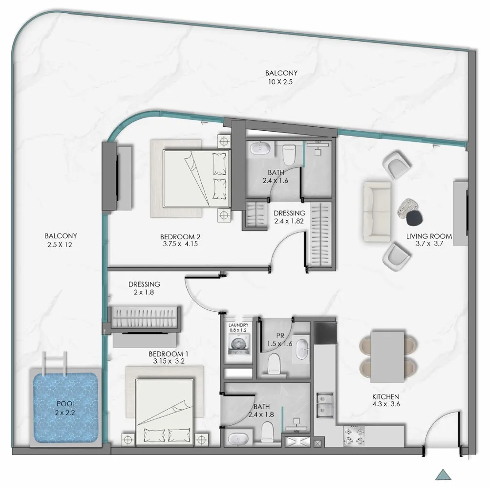 2 bedrooms floor plan