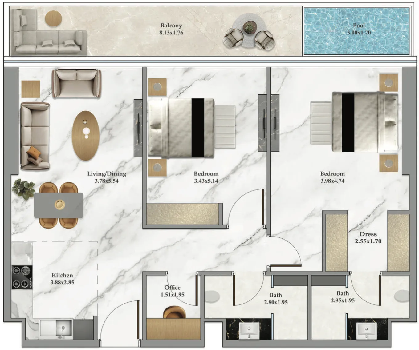 Danube Bayz 102 2BR floor plan