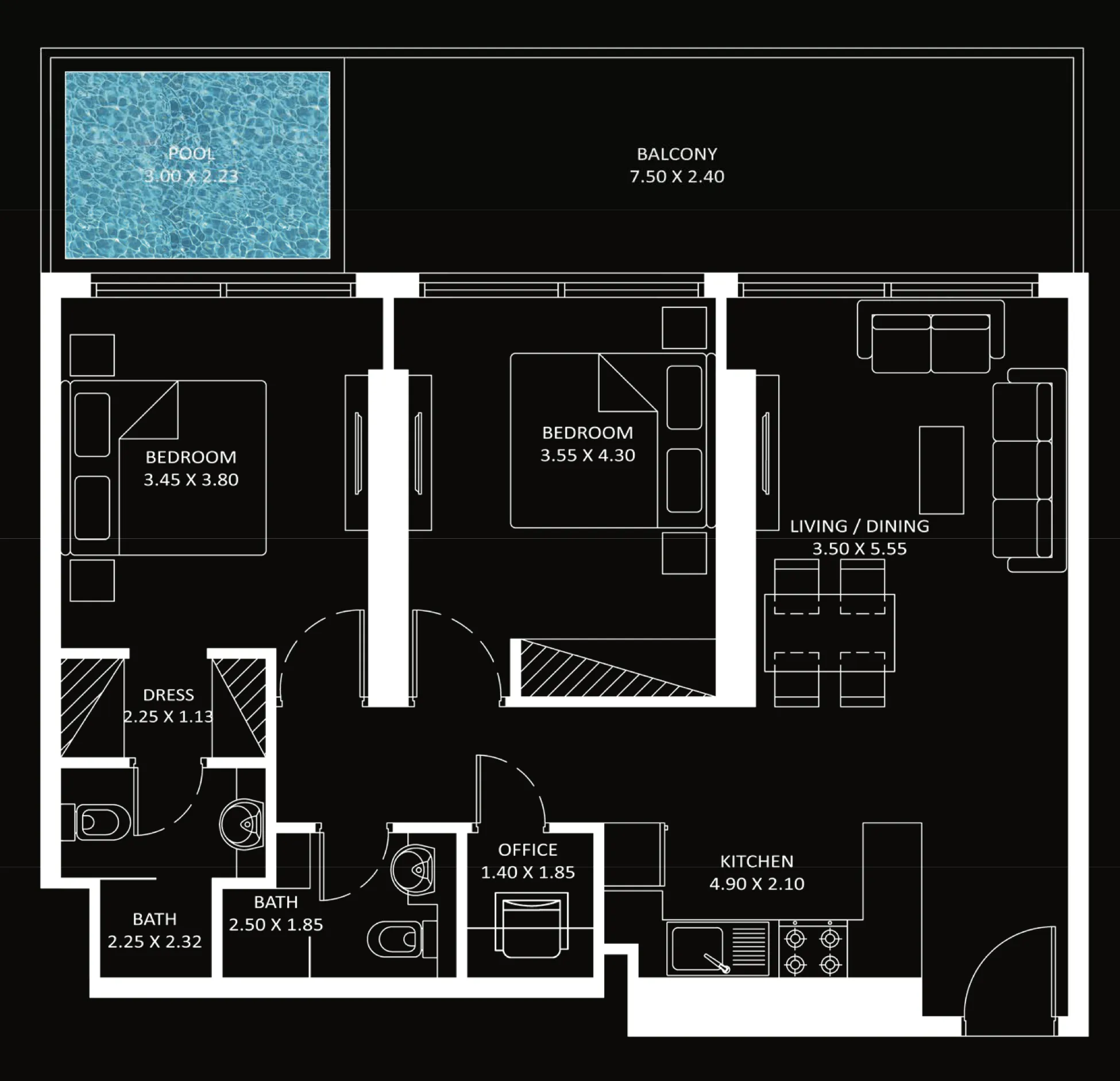 2 bedrooms floor plan