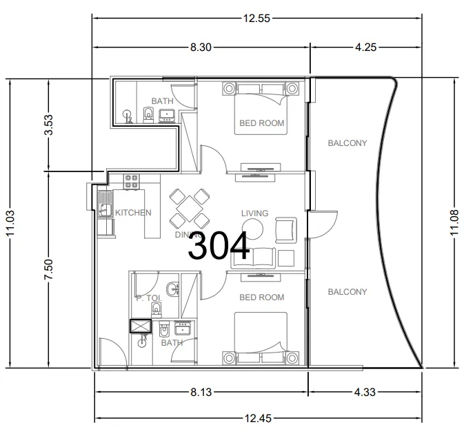 2 bedrooms floor plan