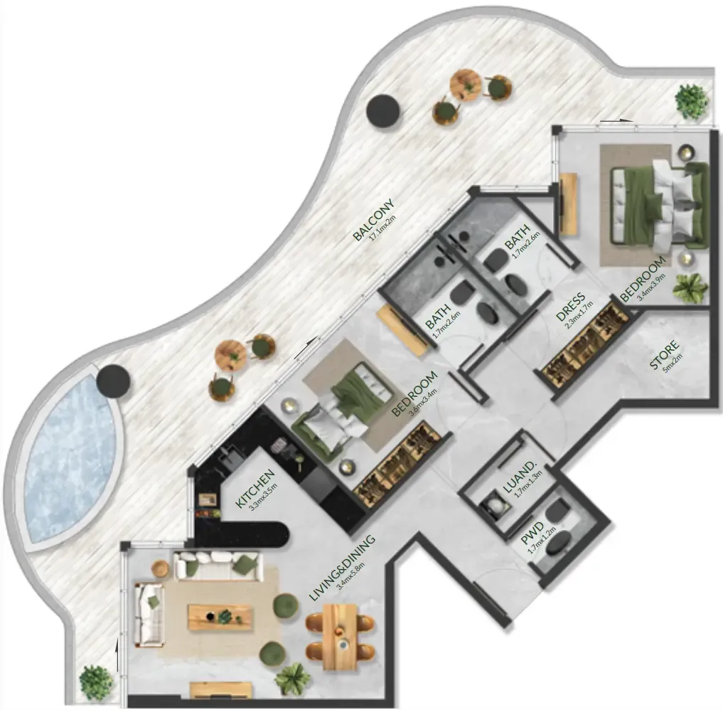 2 bedrooms floor plan