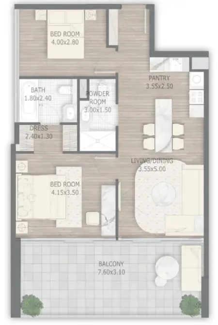 2 bedrooms floor plan