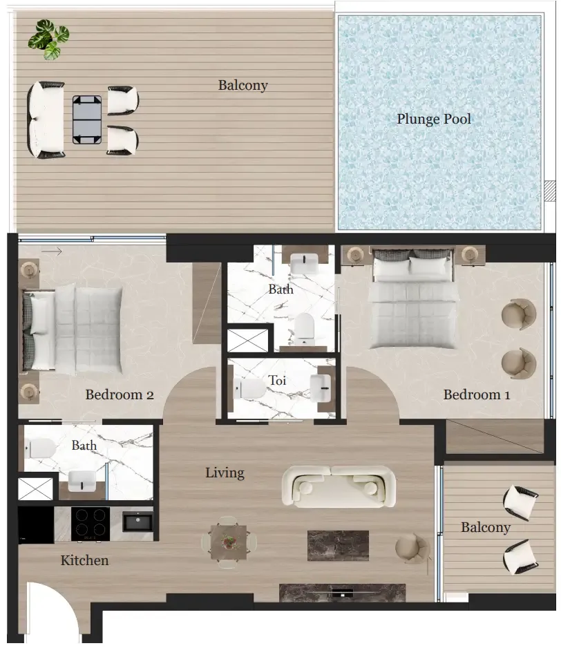 2 bedrooms floor plan