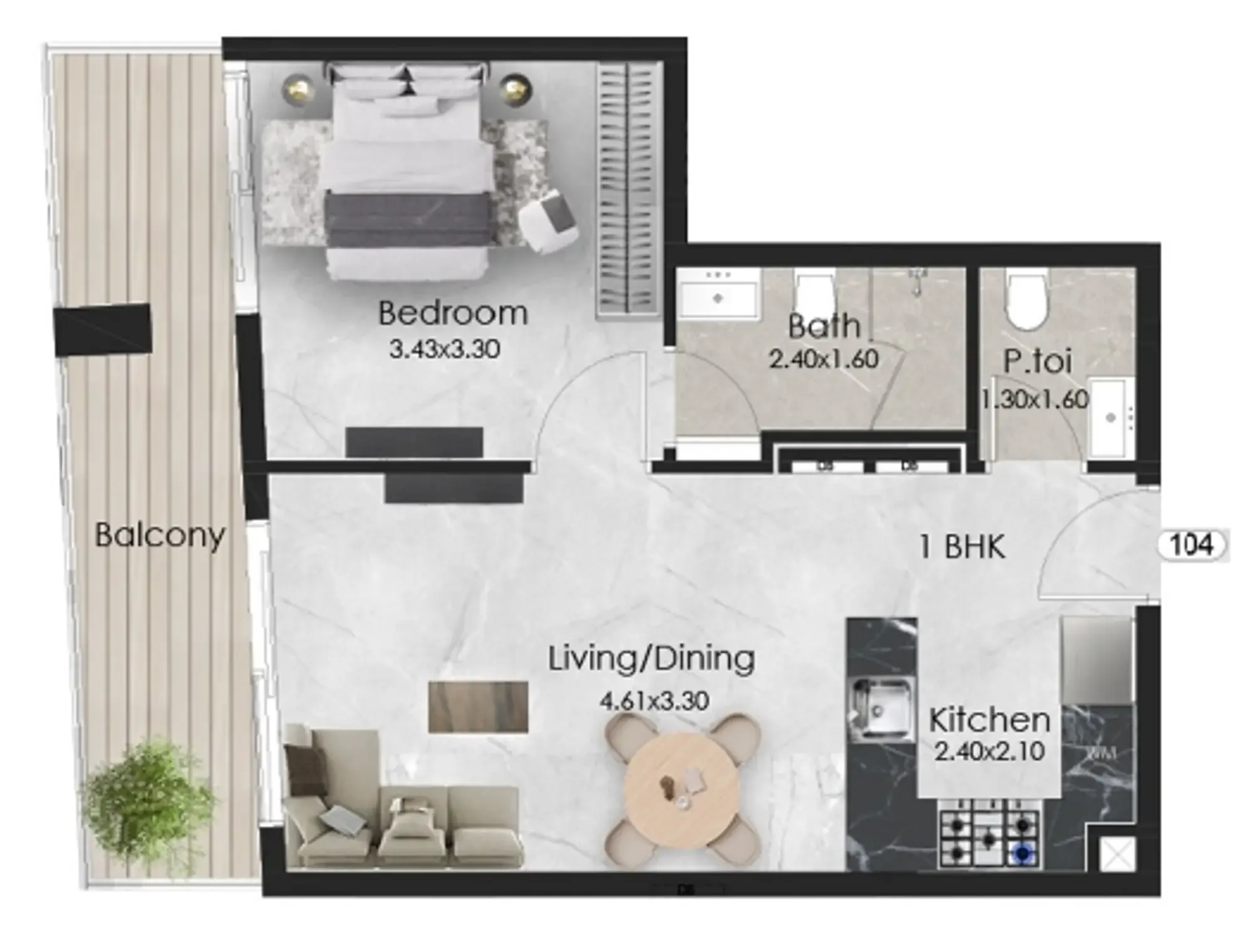 1 bedroom floor plan