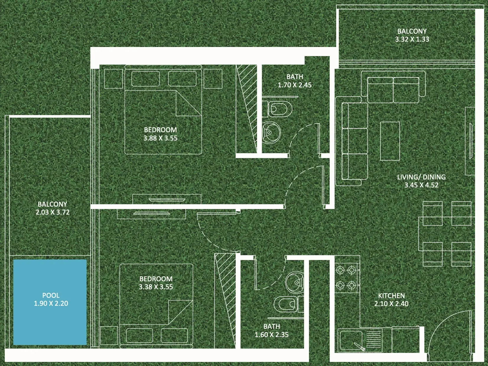 2 bedrooms floor plan