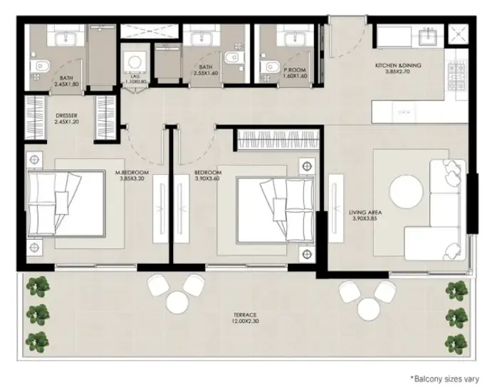 2 bedrooms floor plan