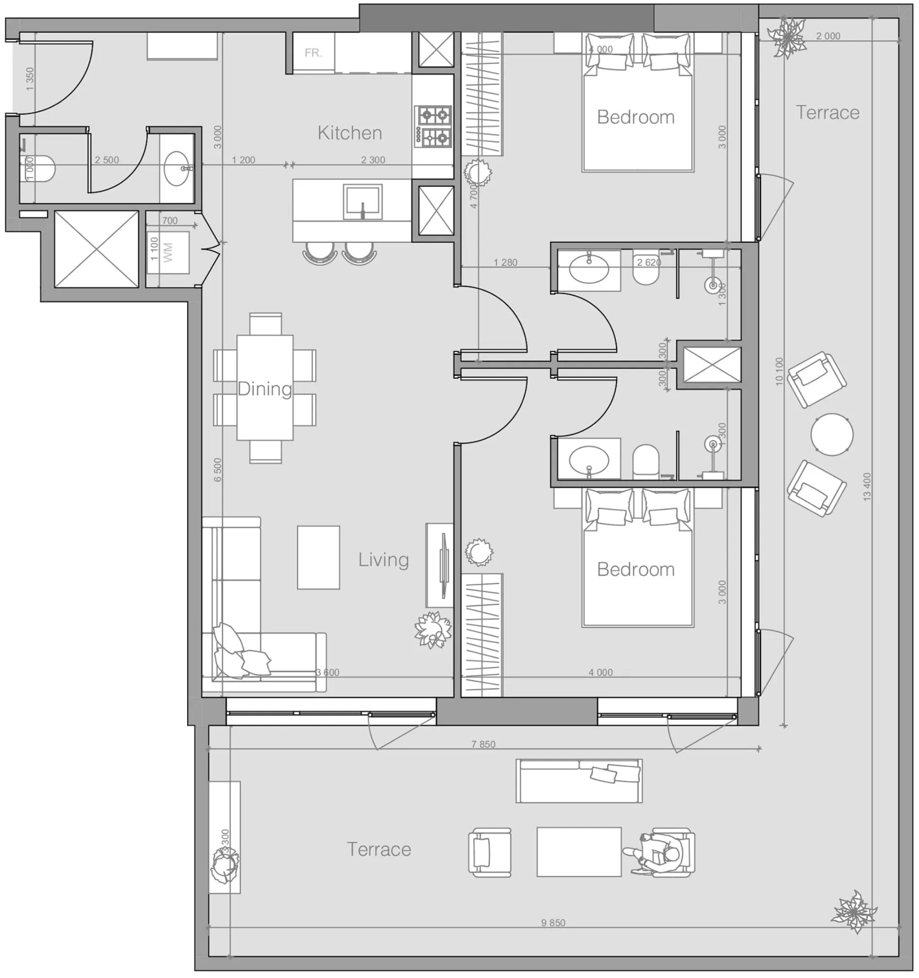2 bedrooms floor plan