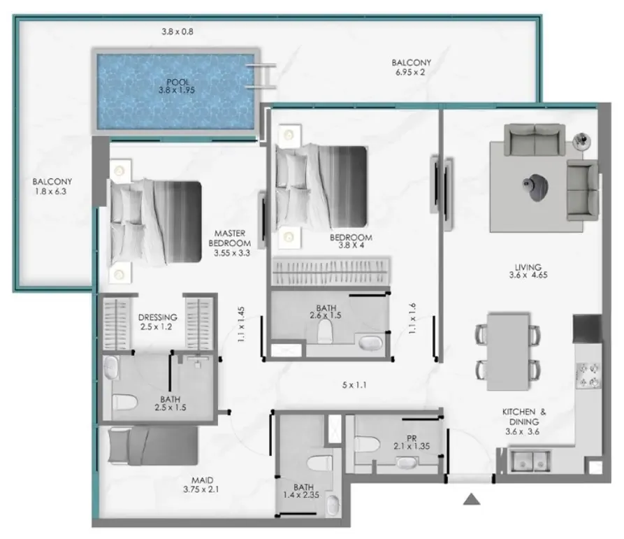 2 bedrooms floor plan
