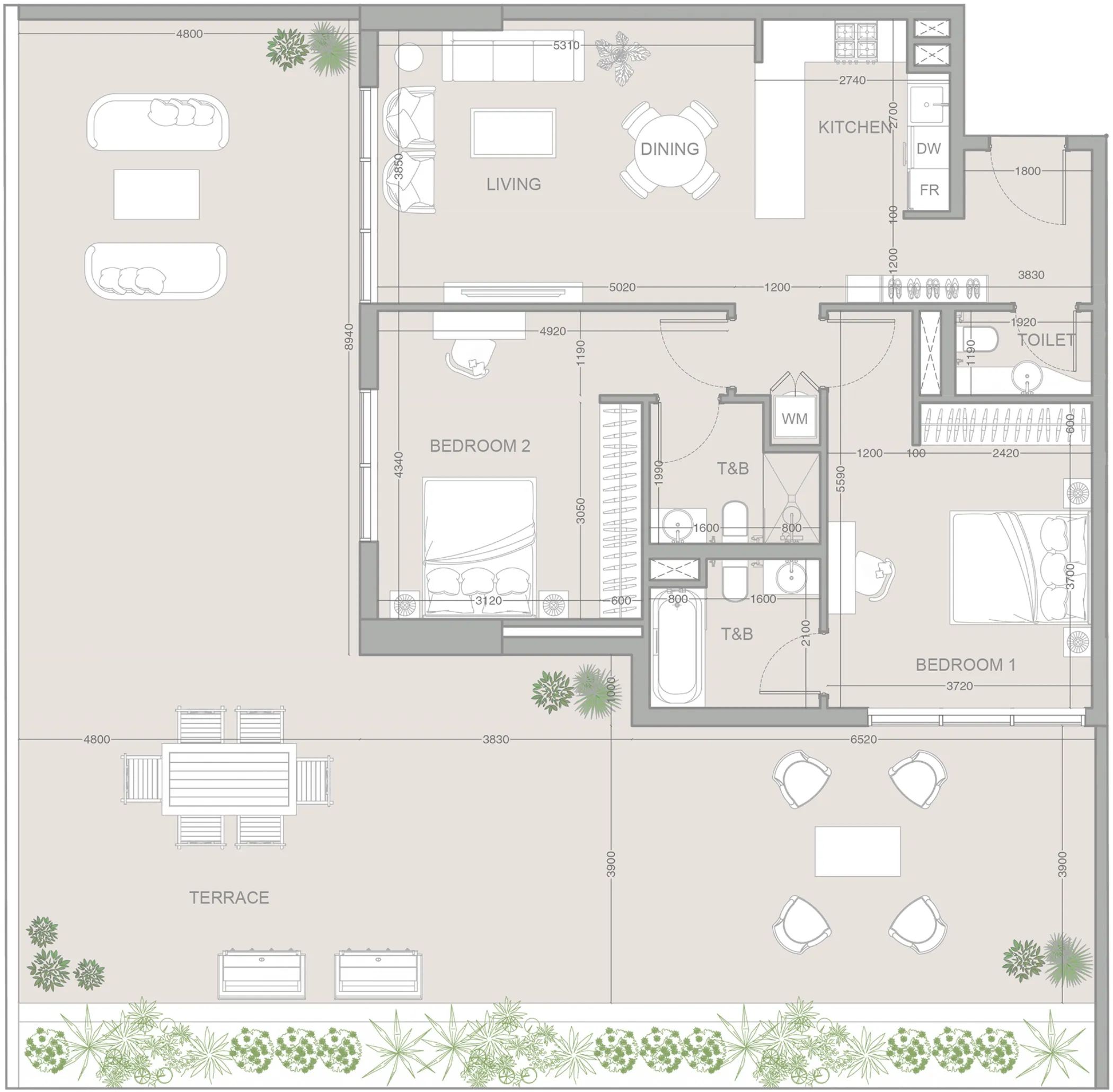 2 bedrooms floor plan