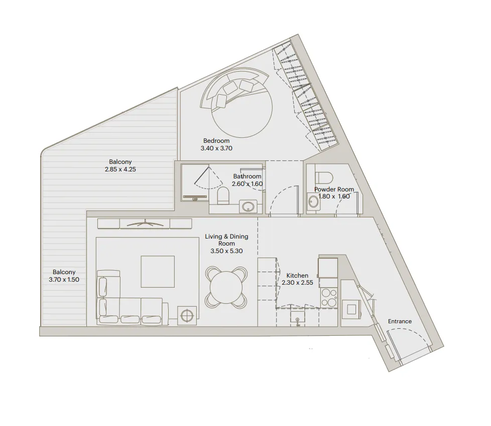 Deyaar Eleve 1BR floor plan