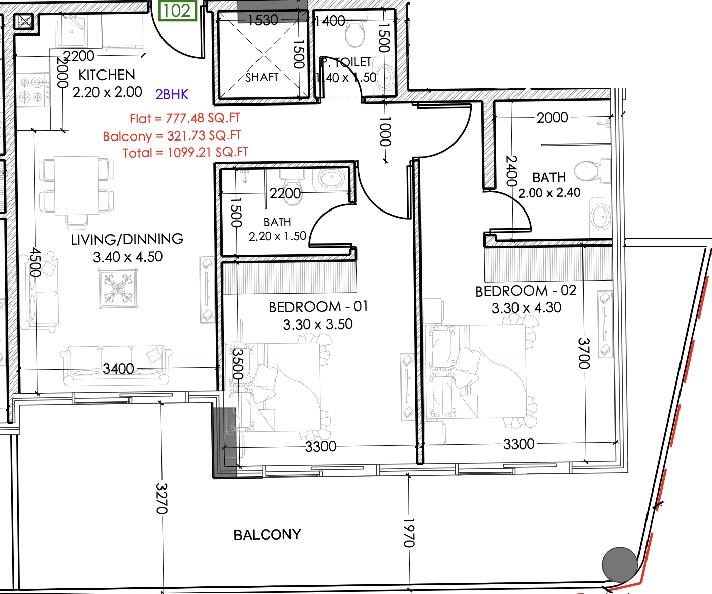 2 bedrooms floor plan