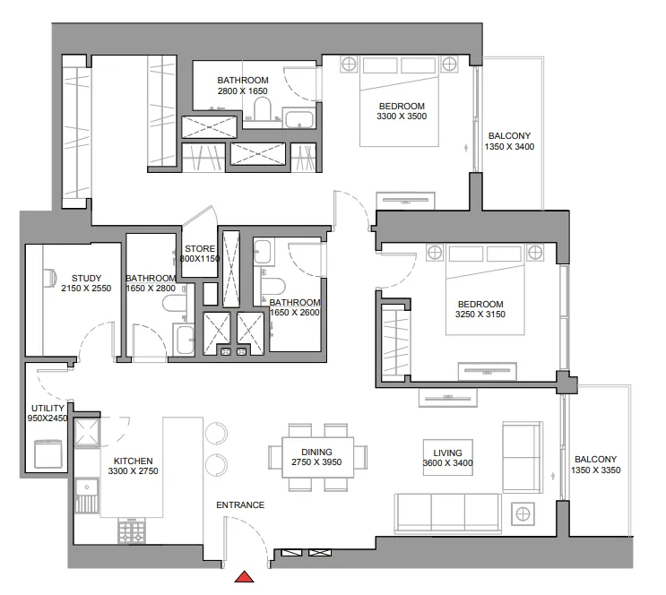 2 bedrooms floor plan