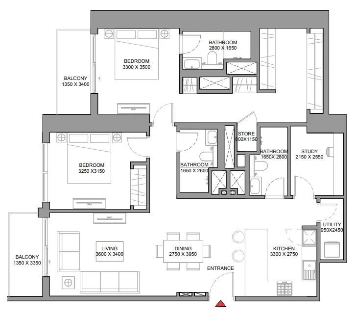 2 bedrooms floor plan