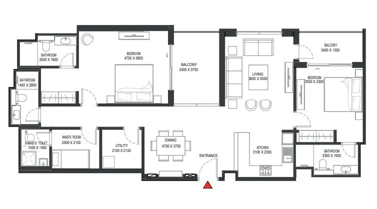 2 bedrooms floor plan