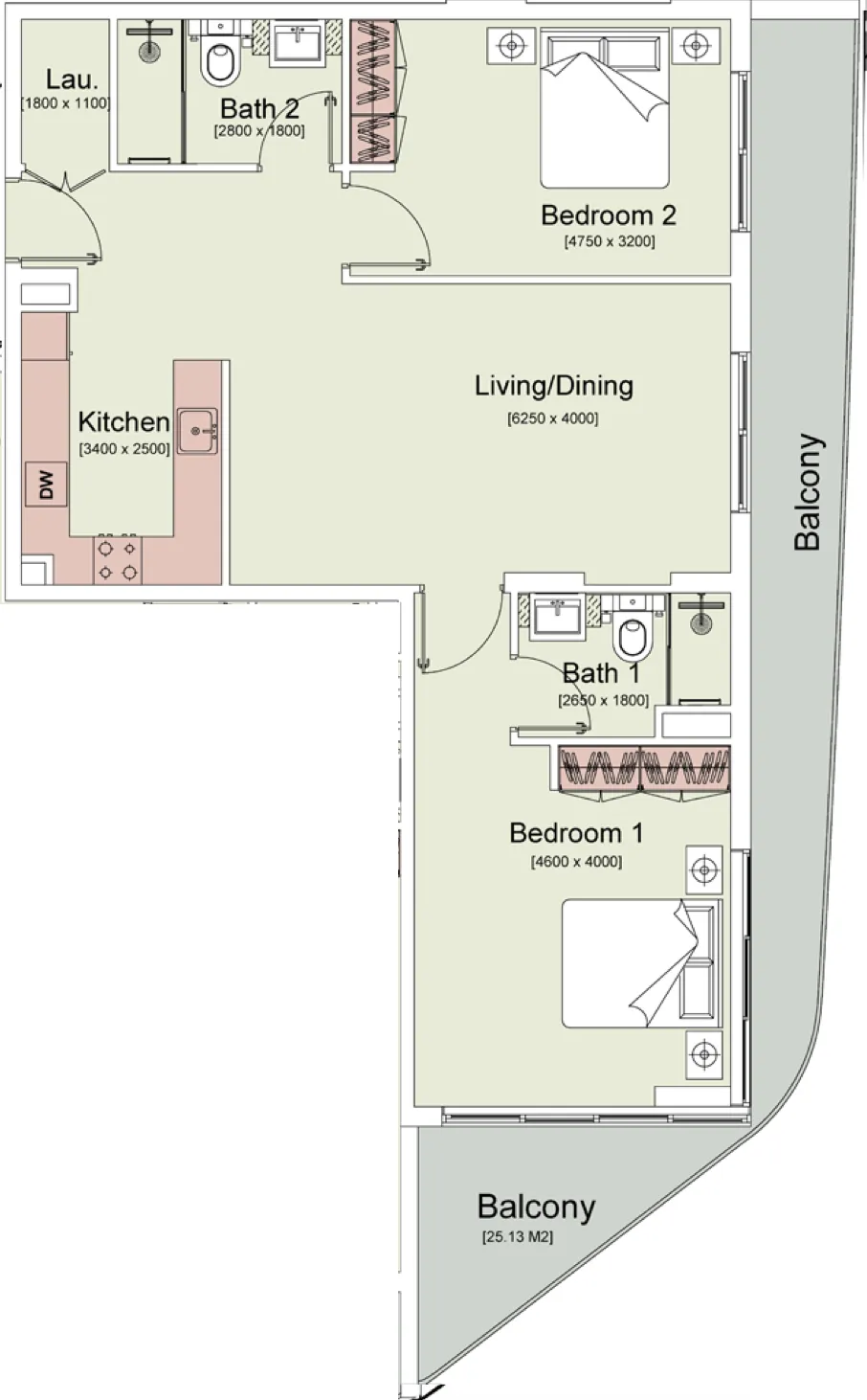 2 bedrooms floor plan