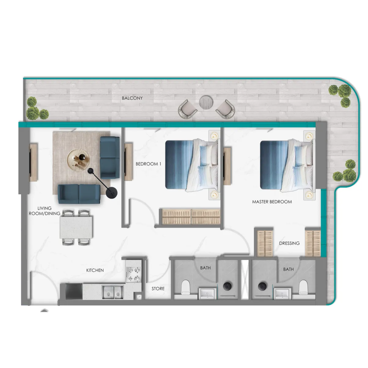 2 bedrooms floor plan