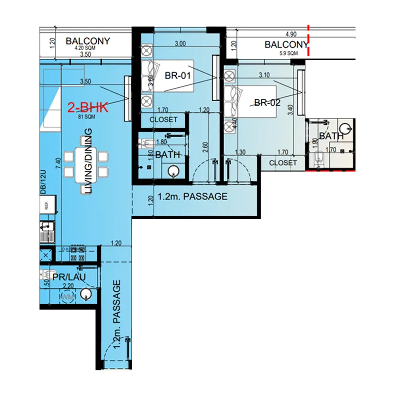 2 bedrooms floor plan