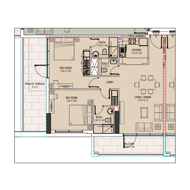 2 bedrooms floor plan