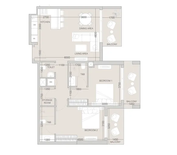 2 bedrooms floor plan