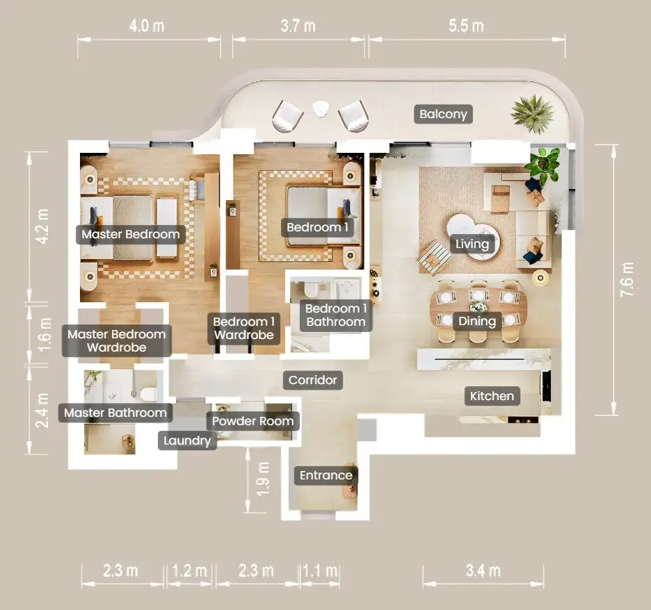 The Beach House Fahid — 2 Bedrooms floor plan